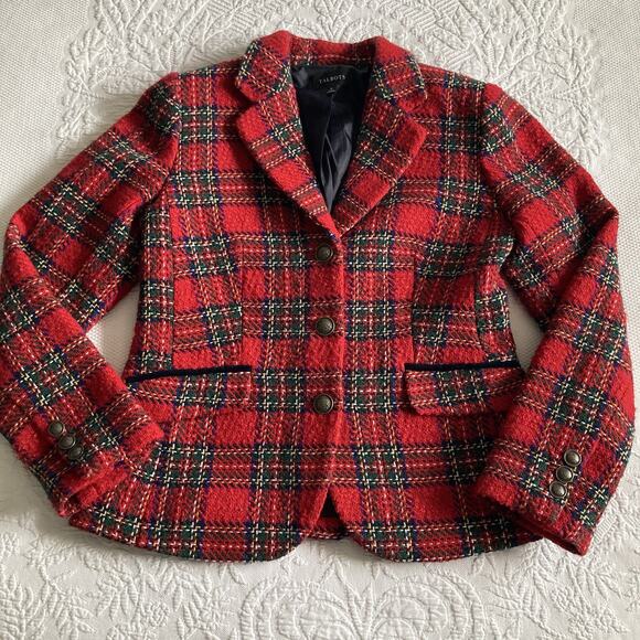 Talbots Blazer Red Tartan Plaid Wool Holiday Jacket Party office career Size 4 - Picture 8 of 16